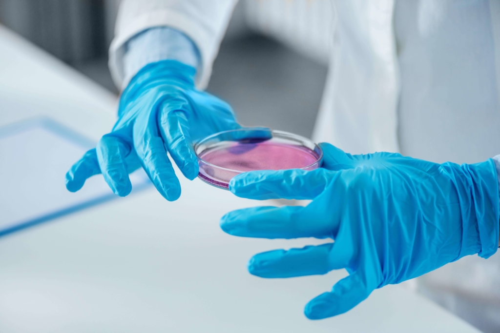 Epigenics researcher placing petri dish on laboratory workbench.